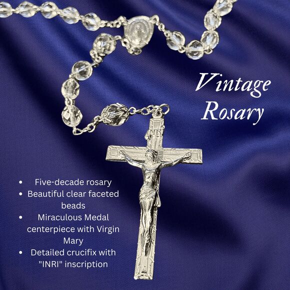 N/A Jewelry - Vintage Crystal Rosary Necklace 21” Faceted Beads Silver Tone Crucifix Mary